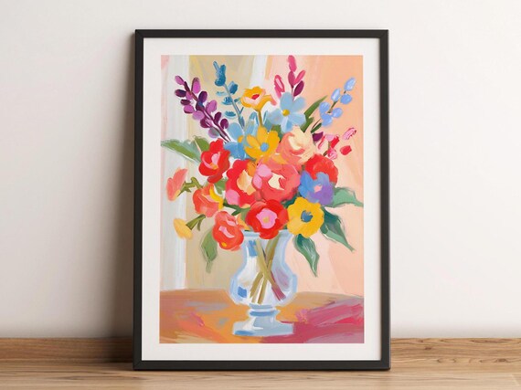 Pastel Flowers In Vase Oil Painting Art Neutral Colorful Home Decor Botanical Floral Wall Print Watercolor