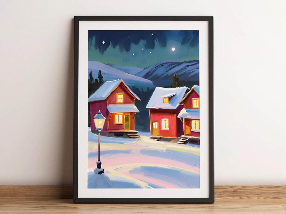 Winter Norway Northern Town Red Cabins Aurora Night Snow Art Poster
