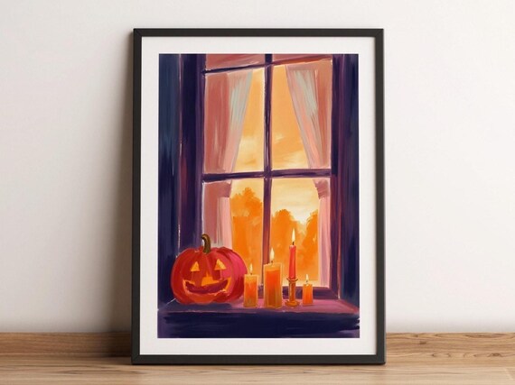 Pumpkin Window Halloween Watercolor Painting Cozy Fall Wall Print Autumn Spooky Whimsical Haunted Home Decor