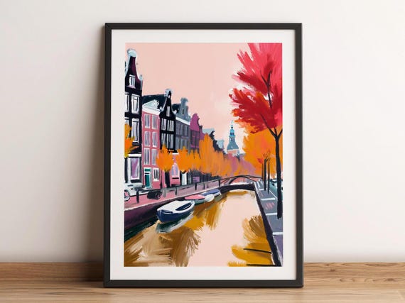 Autumn In Amsterdam Painting Wall Art Fall Netherlands Watercolor Travel Poster City Landmark Holland Cityscape Decor