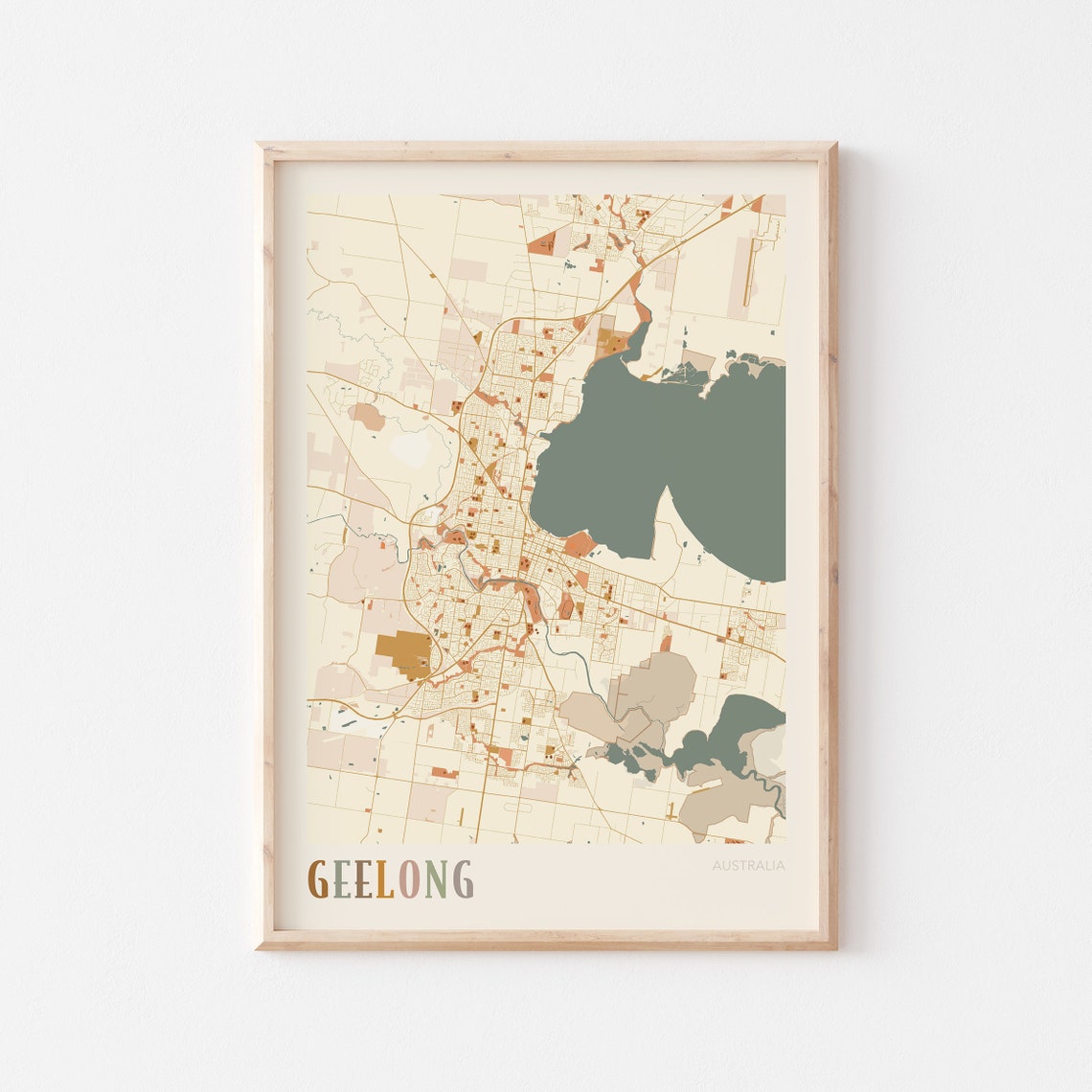 Geelong Australia Retro City Map Poster with Corio Bay Waterfront