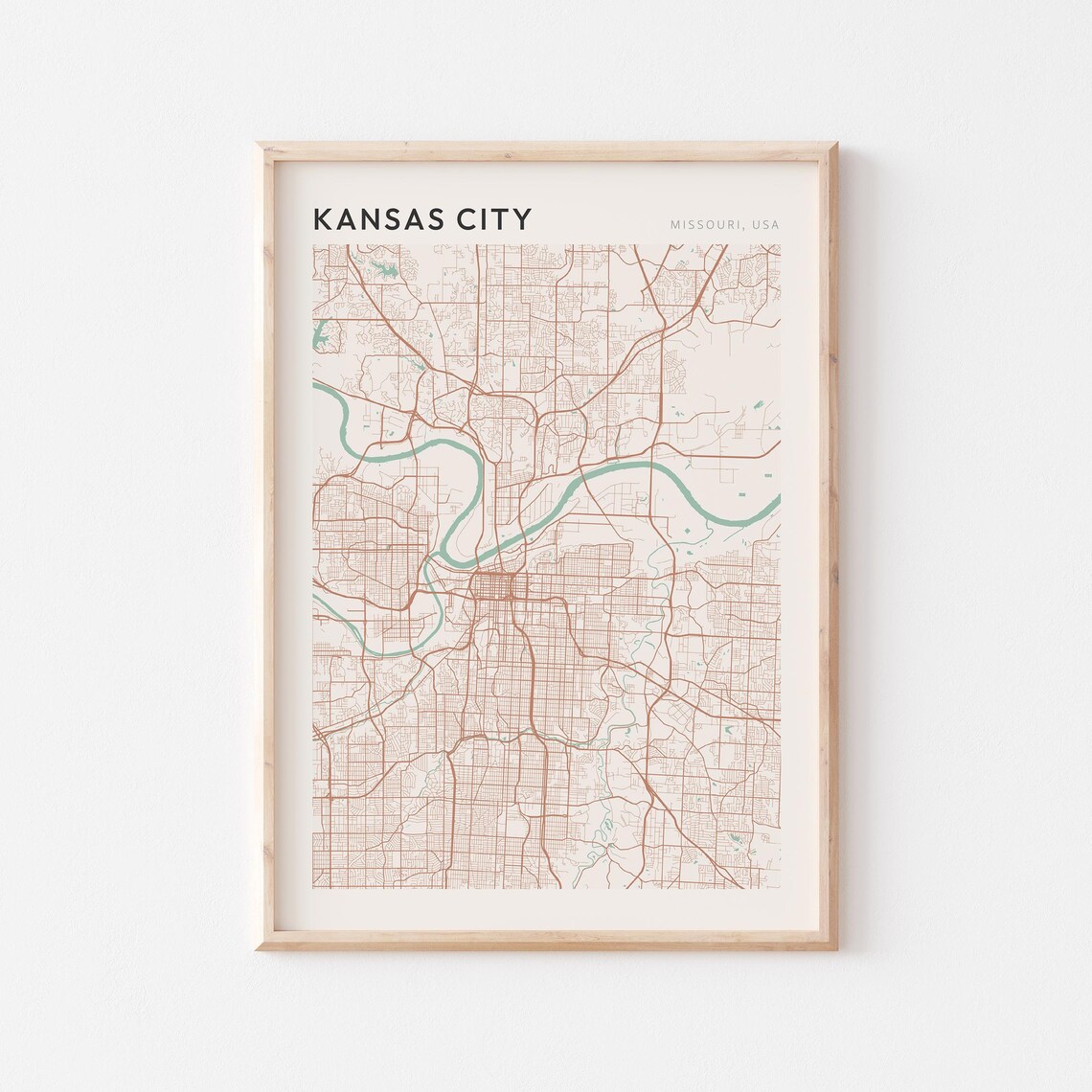 Kansas City Missouri Street Map Poster in Warm Brown Sage and Cream Tones