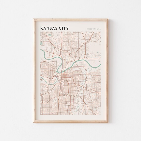 Kansas City Missouri Street Map Poster in Warm Brown Sage and Cream Tones
