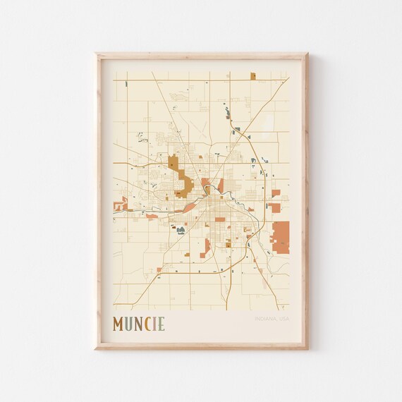 Muncie Indiana Colorful Vintage City Map Art Cartography Poster
