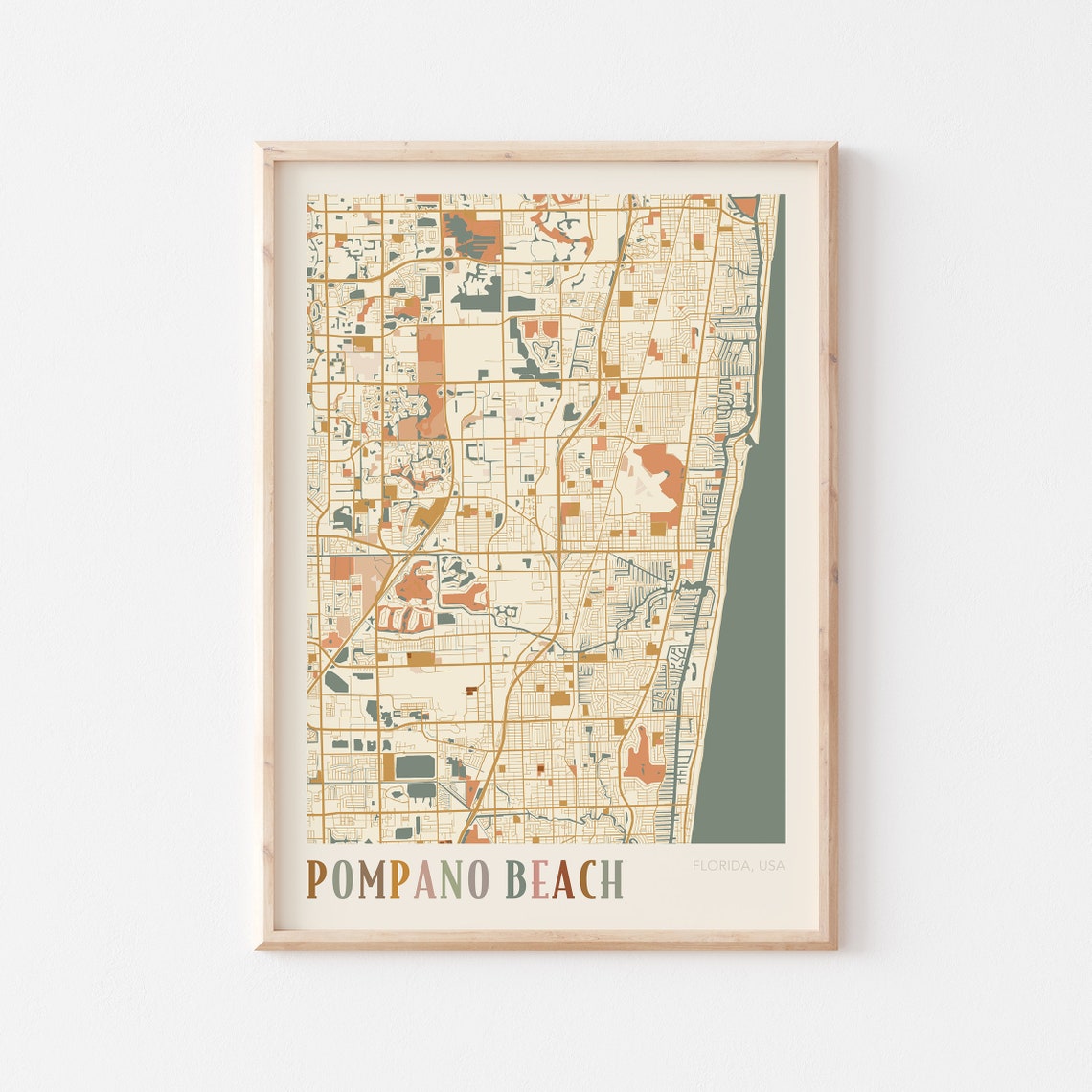 Pompano Beach Florida City Map Poster Warm Retro Street Map Home Decor