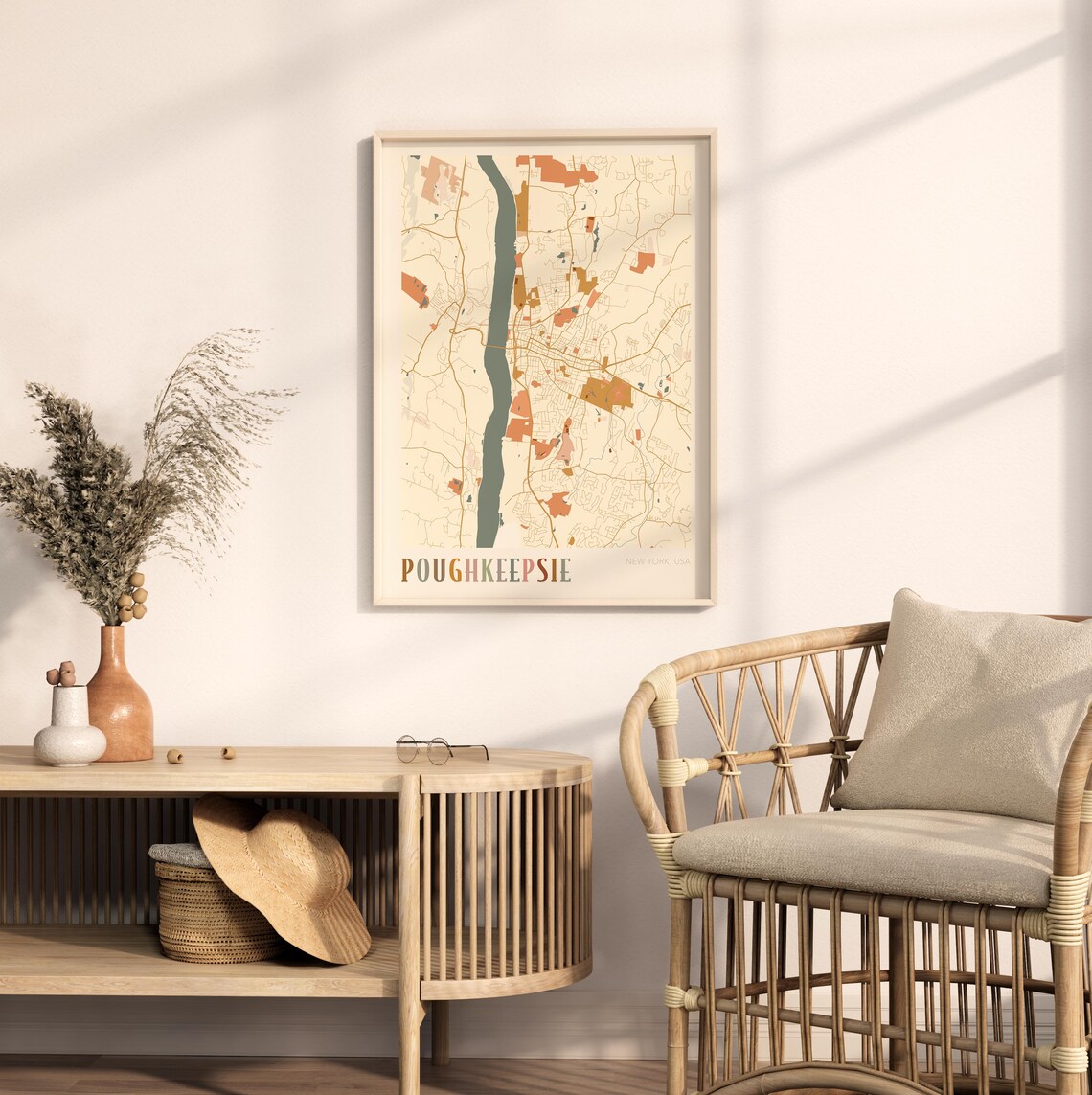 Poughkeepsie New York USA Warm Vintage Beige City Street Map Art Poster - Image 2
