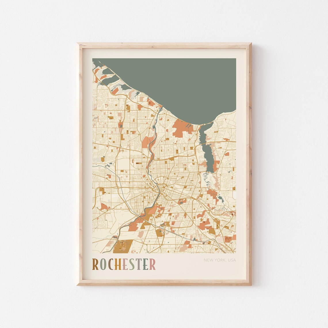Rochester New York USA Warm Vintage Beige City Street Map Art Poster