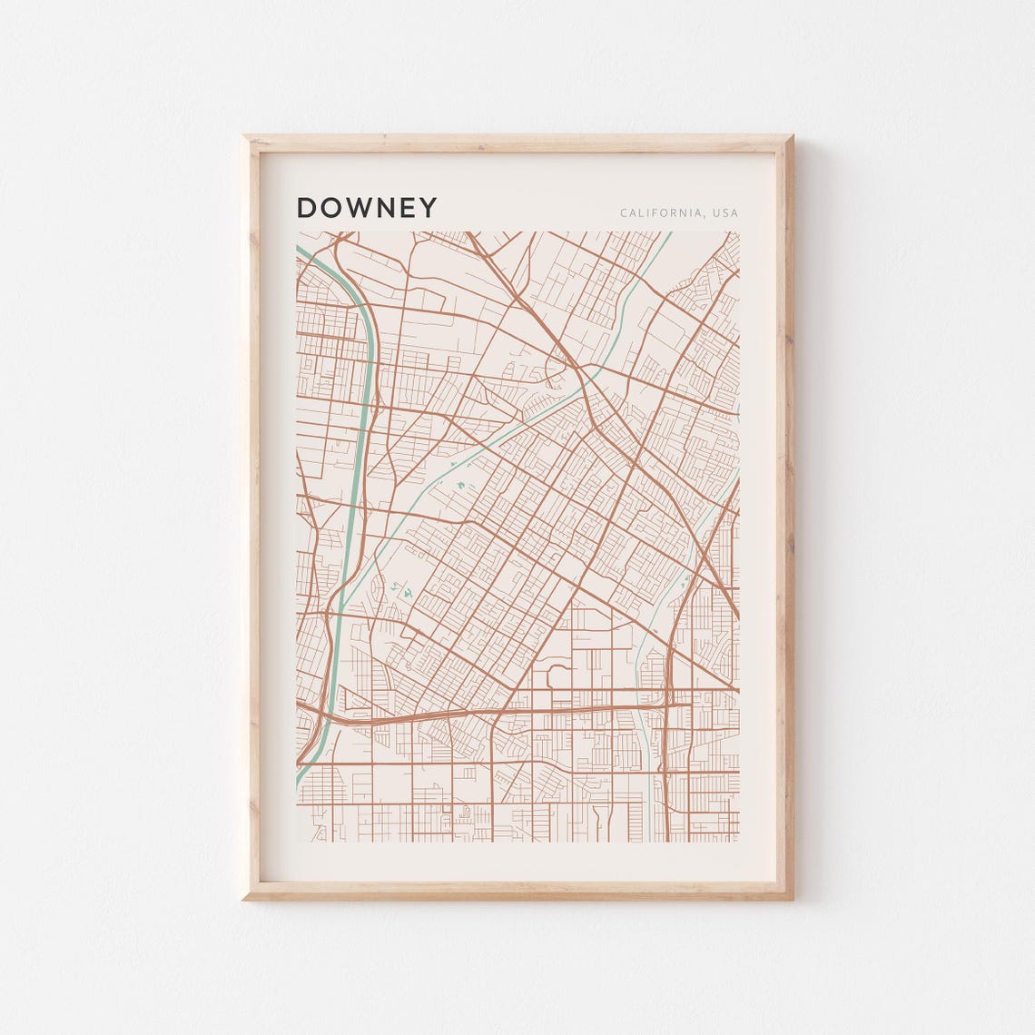 Downey California Minimalist Street Map Poster in Blush and Sage