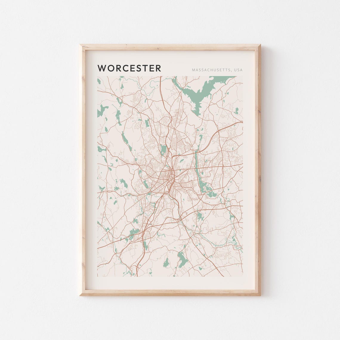 Worcester Massachusetts Modern Minimalist City Street Map Art Poster