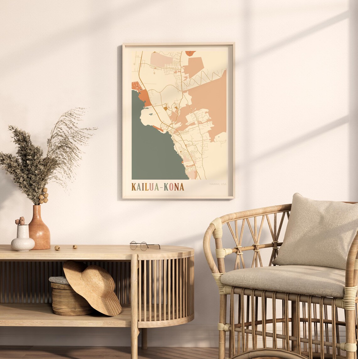 Kailua-Kona Hawaii Colorful Retro Coastal City Map Poster Boho Wall Decor - Image 2