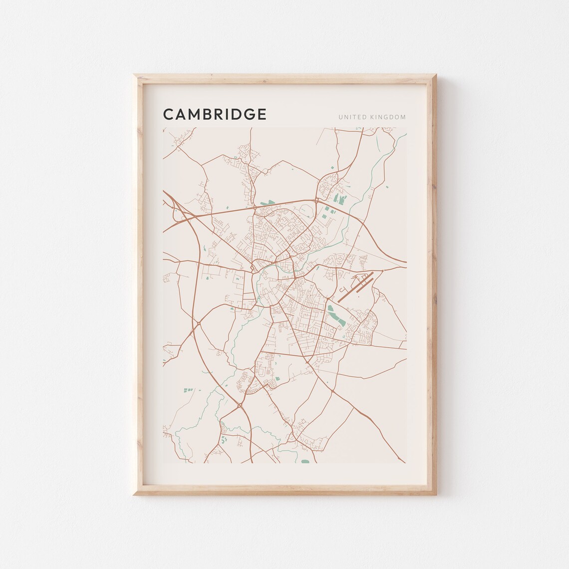 Cambridge City Map Poster Minimalist Copper Line United Kingdom Decor