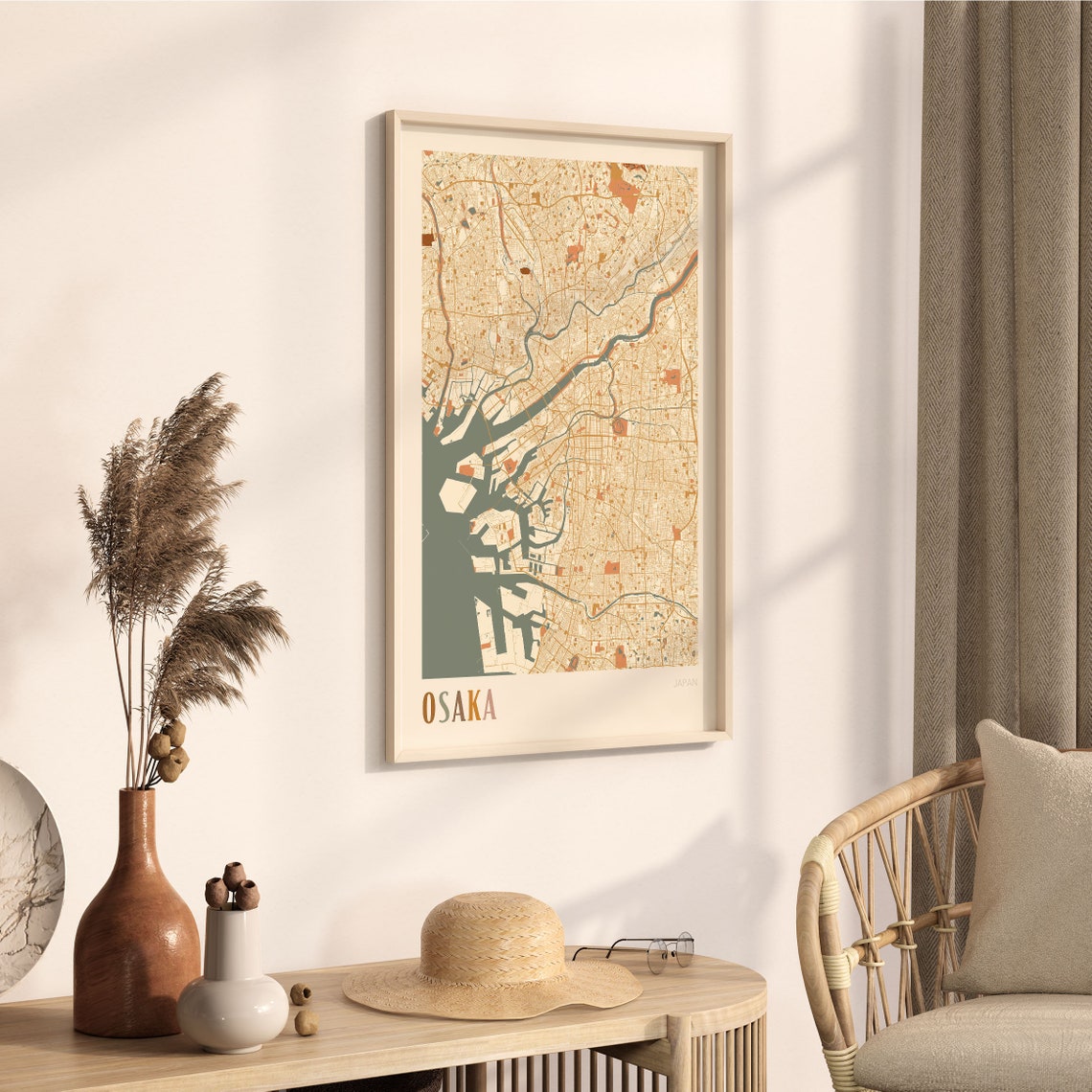 Osaka Japan Minimalist Street Map Poster in Boho Neutral Tones - Image 3