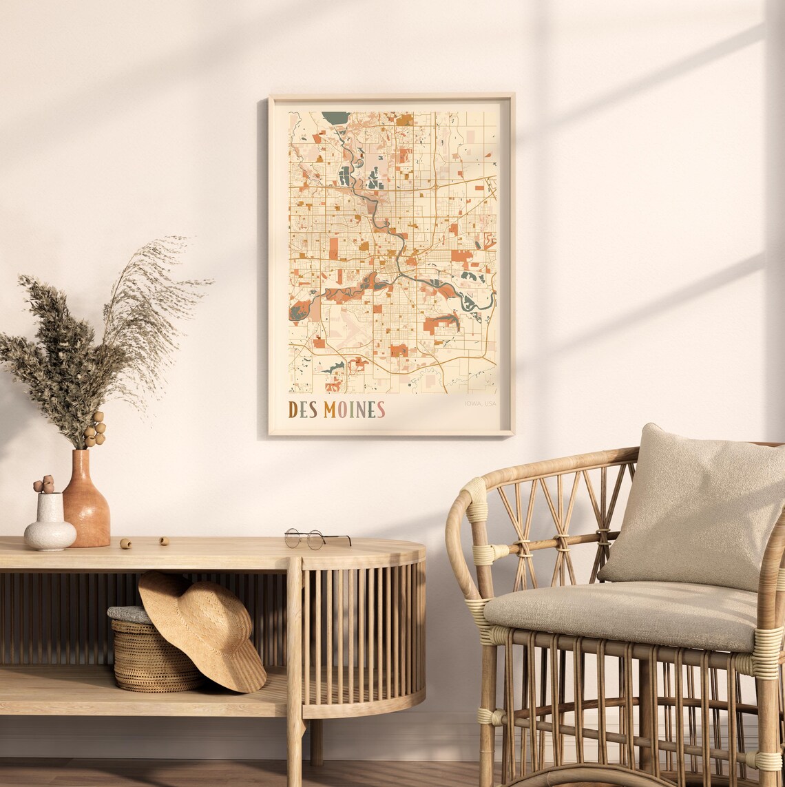 Des Moines Iowa City Map Poster Earth Tone Boho Minimalist Map Wall Decor Gift - Image 2