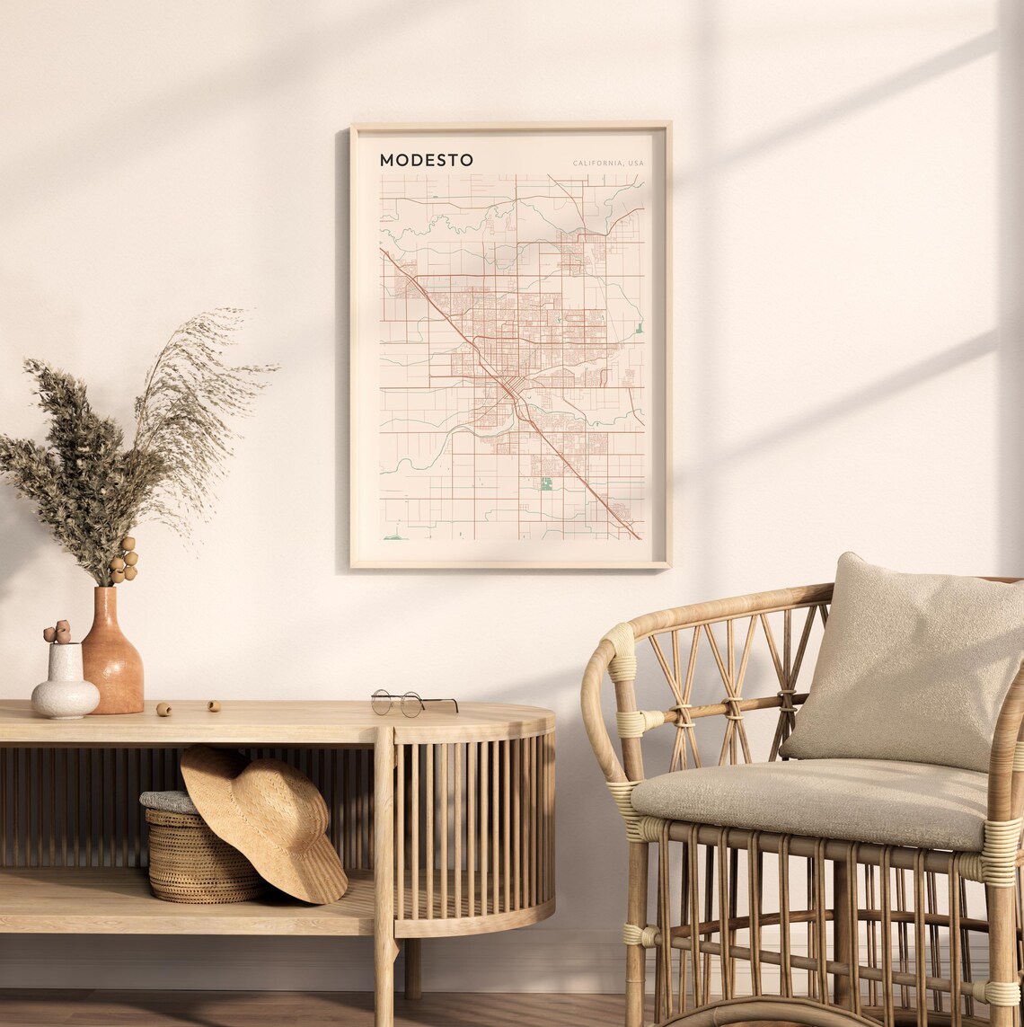 Modesto California Minimalist Street Map Poster in Blush and Sage - Image 2