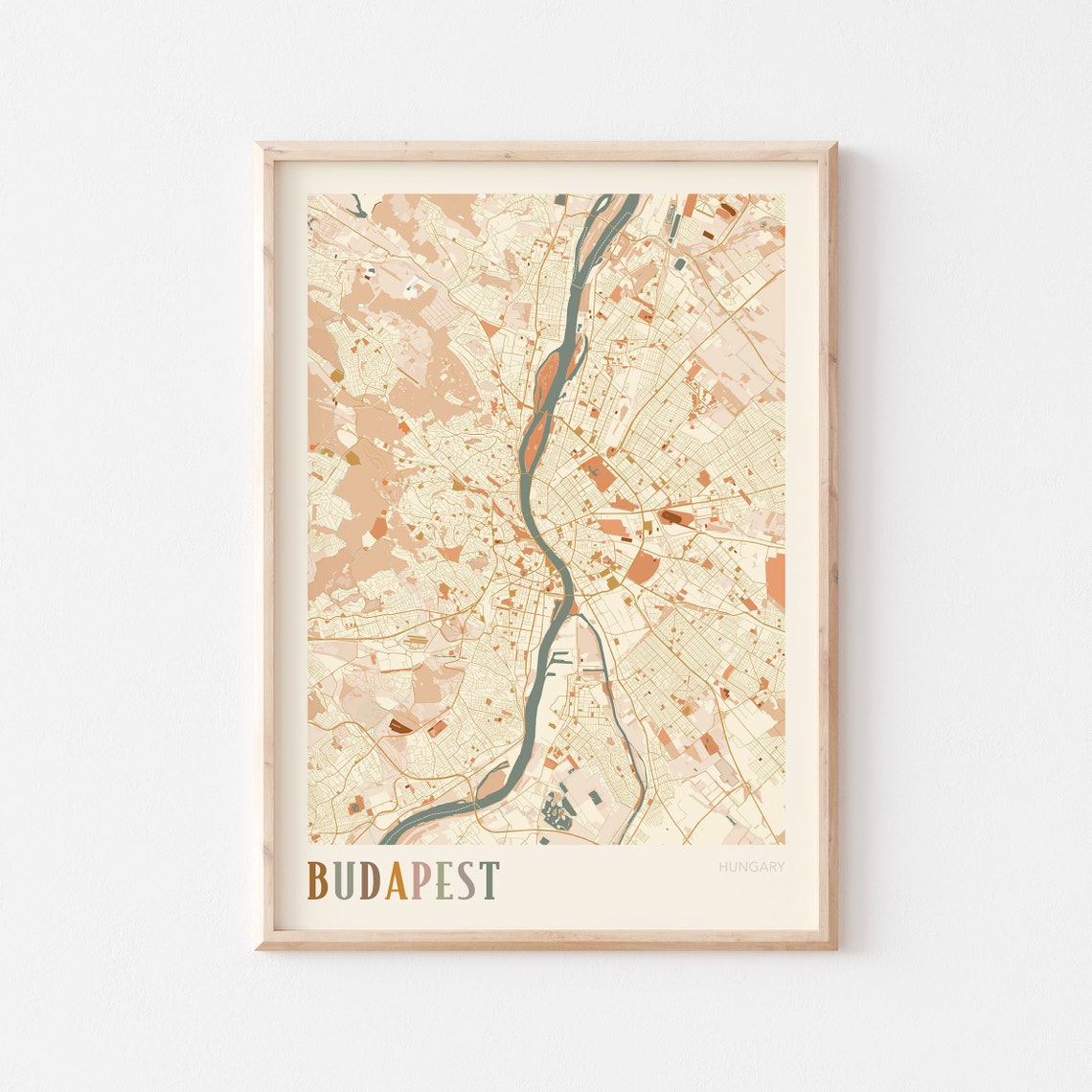 Budapest Hungary Minimalist Street Map Poster in Boho Neutral Tones