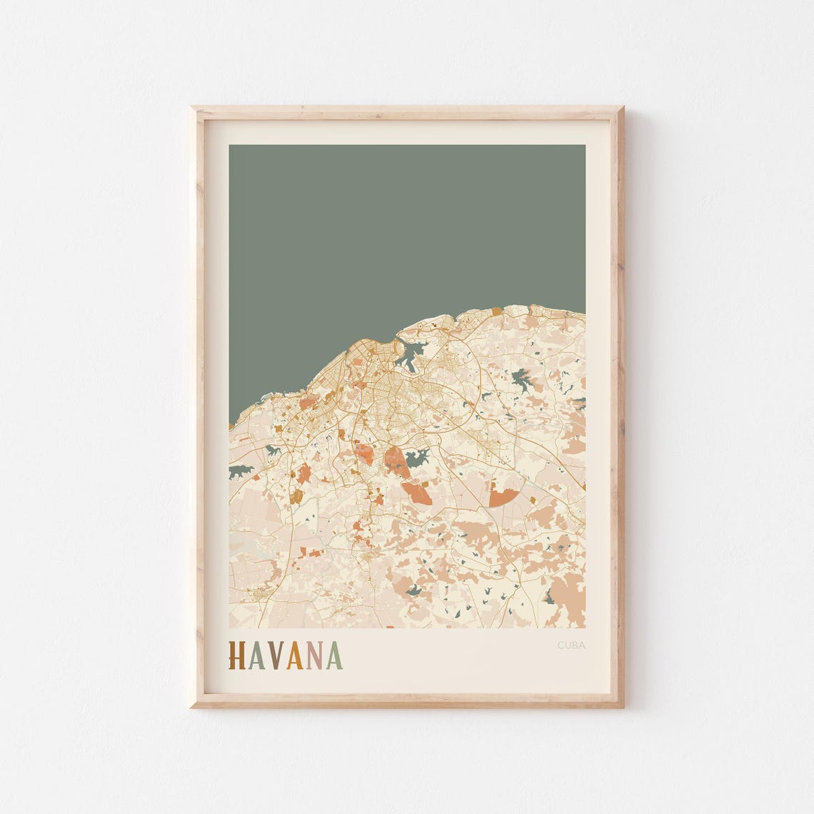 Havana Cuba Boho City Map Poster with Sage Green Northern Coast