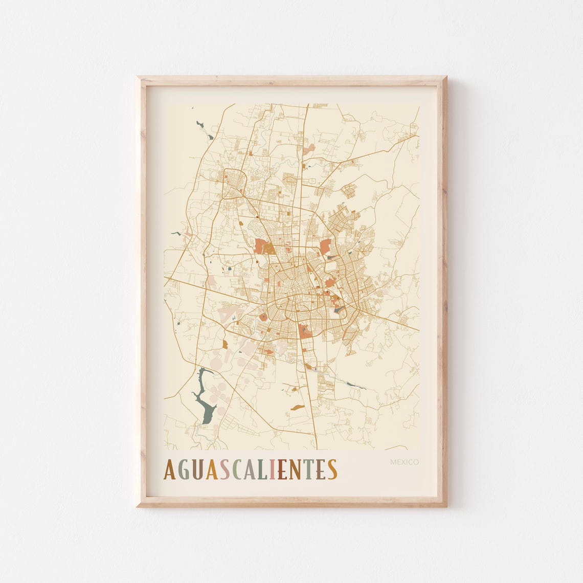Aguascalientes Mexico City Map Warm Gold Boho Travel Decor Poster