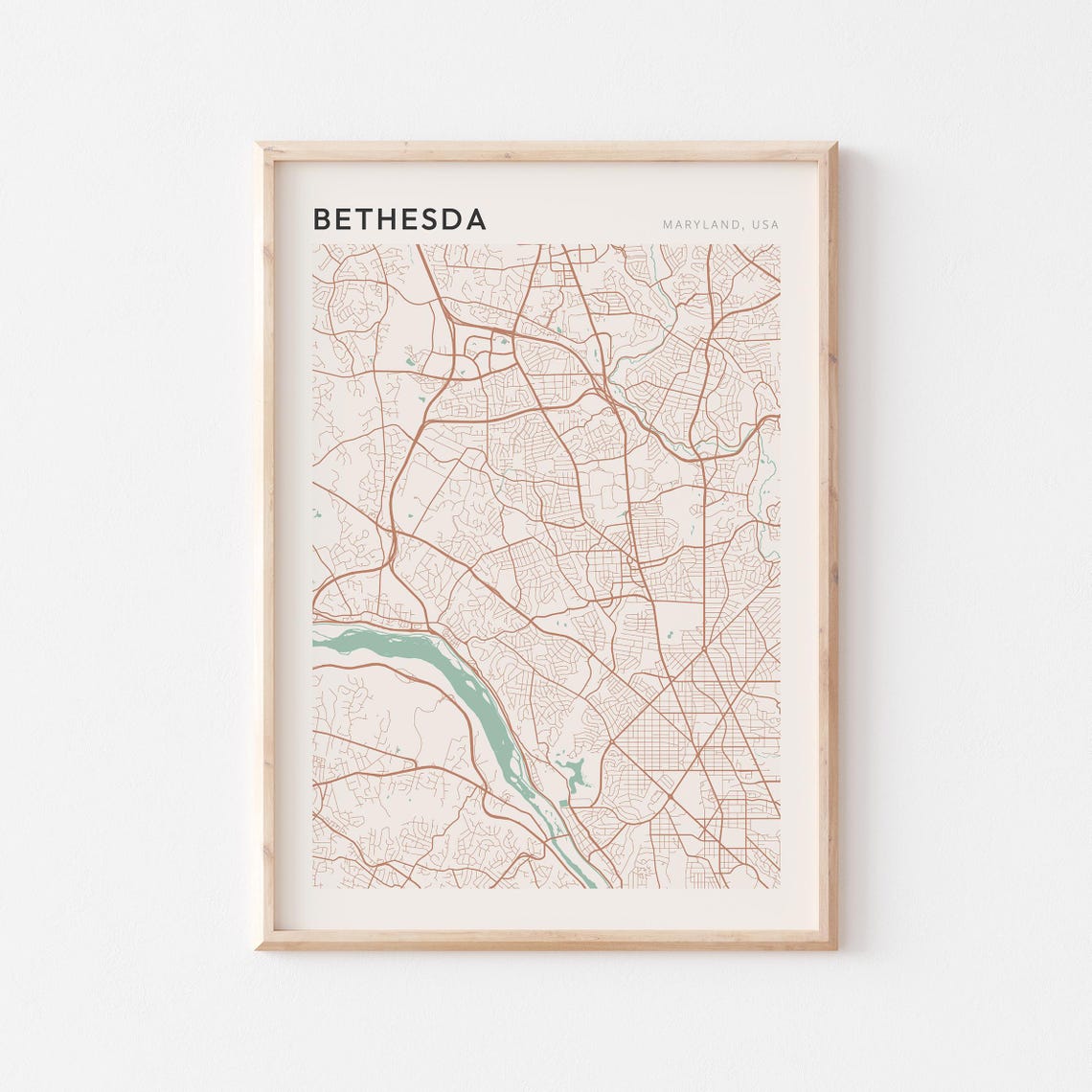 Bethesda Maryland USA Soft Sage Minimalist Modern Street Map Poster