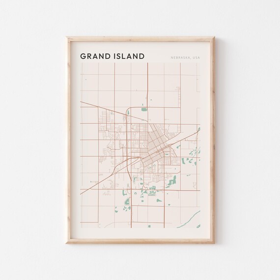 Grand Island Nebraska Street Map Poster in Warm Brown Sage and Cream Tones