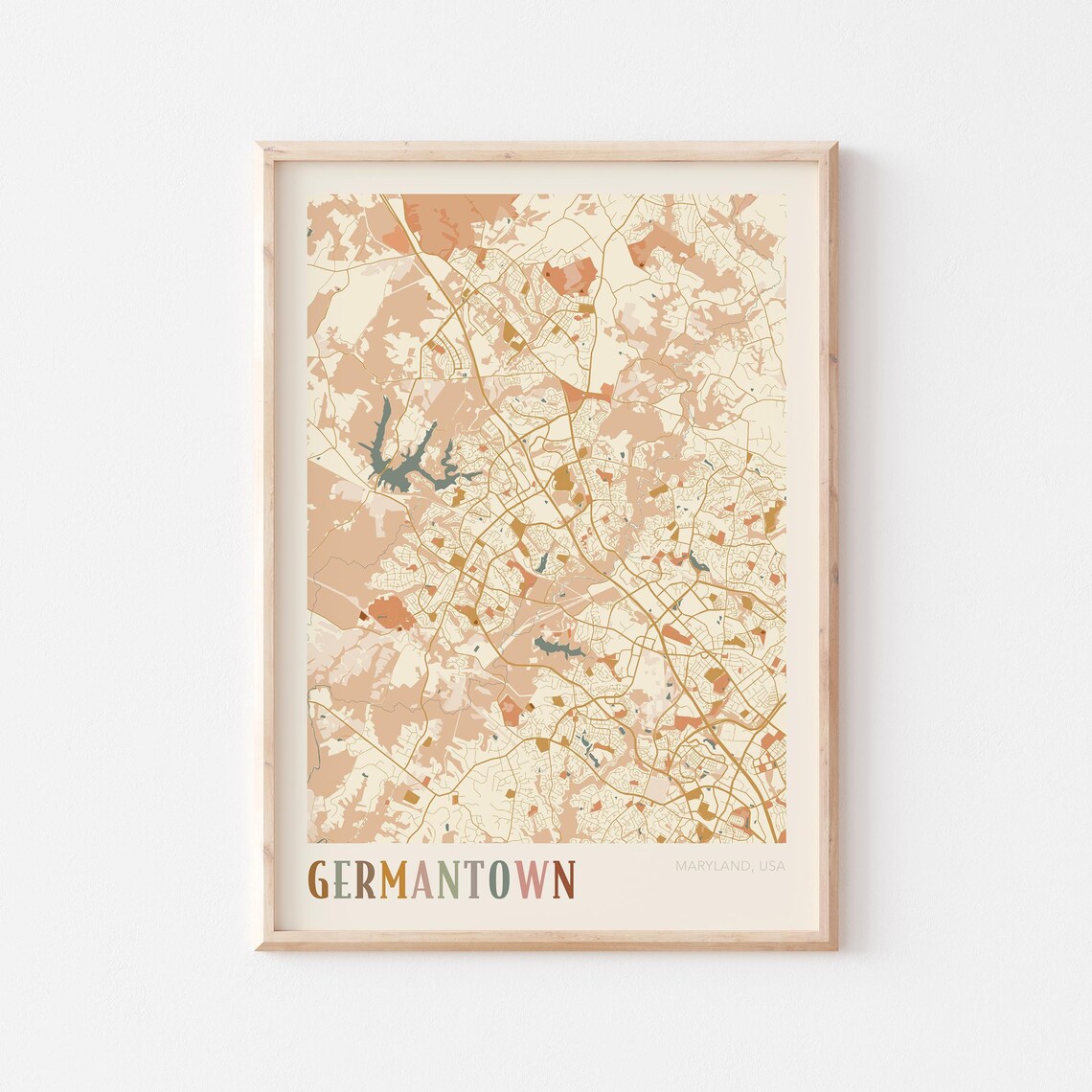 Germantown Maryland City Map Poster Earth Tone Boho Minimalist Map Wall Decor Gift