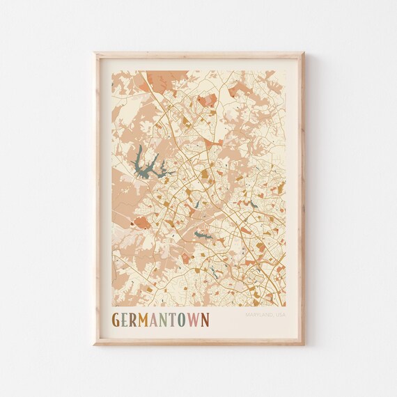 Germantown Maryland City Map Poster Earth Tone Boho Minimalist Map Wall Decor Gift