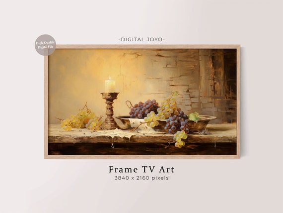 Golden Grapes Still Life Painting Candle Rustic Table Frame TV Art Poster