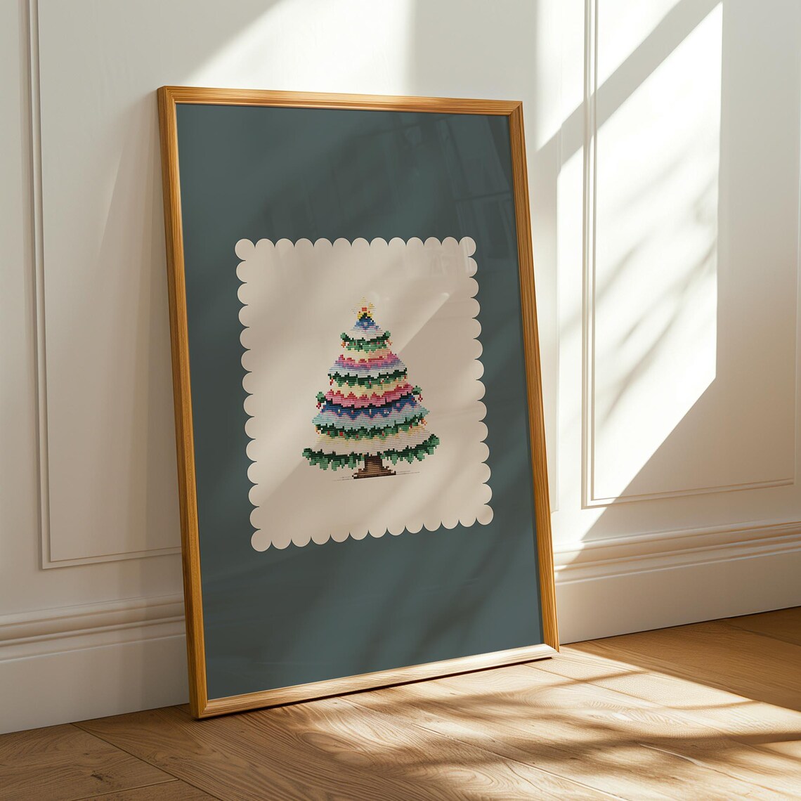 Slate Blue Layered Cross Stitch Christmas Tree Craft Art Poster
