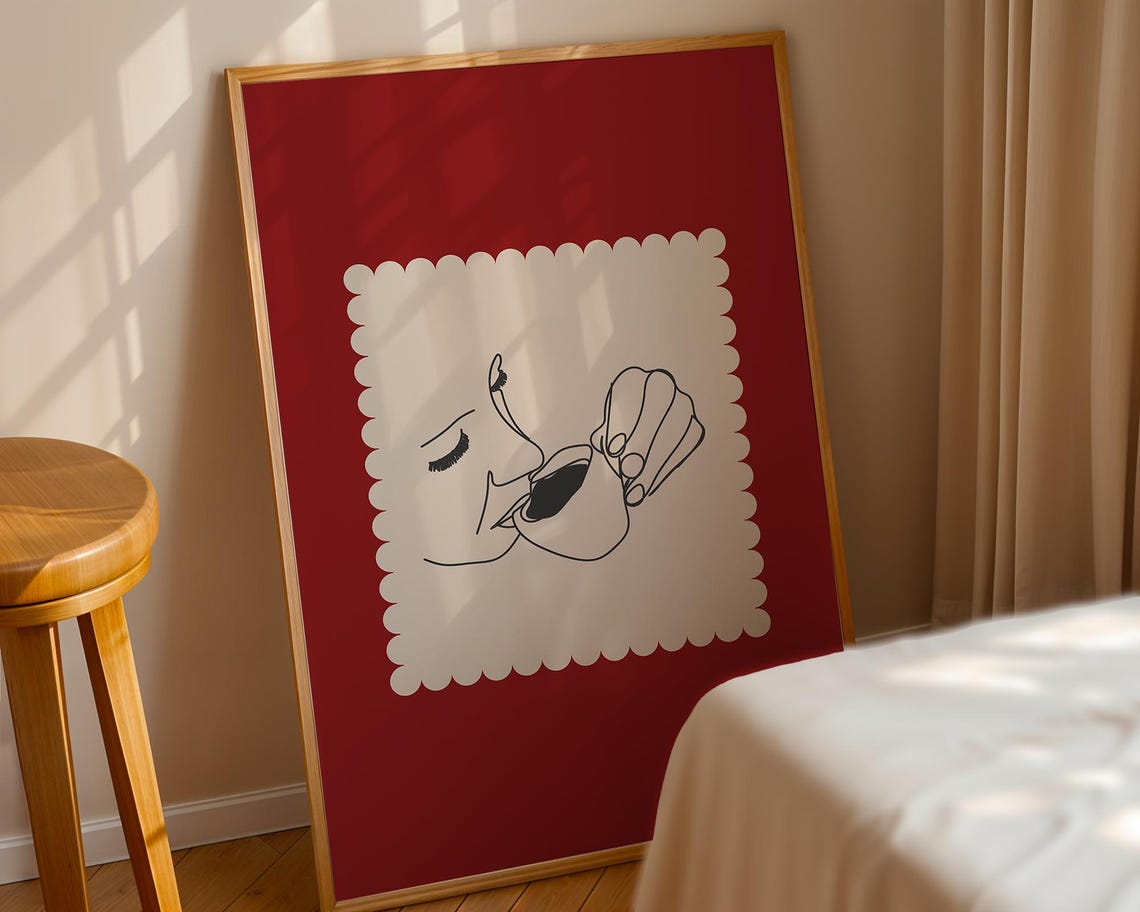 Crimson Coffee Line Art Woman Minimalist Kitchen Wall Decor Print