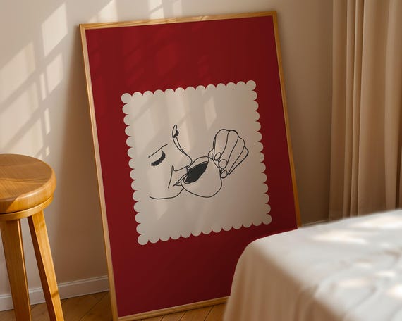 Crimson Red Coffee Line Art Poster Modern Kitchen Wall Decor
