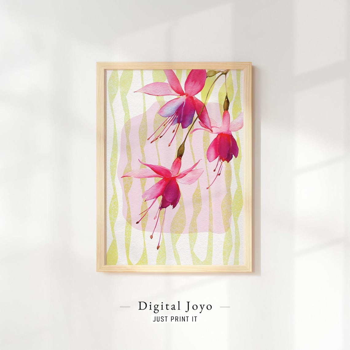 Fuchsia Blooms Watercolor Floral Poster on Lemon Green Stripes