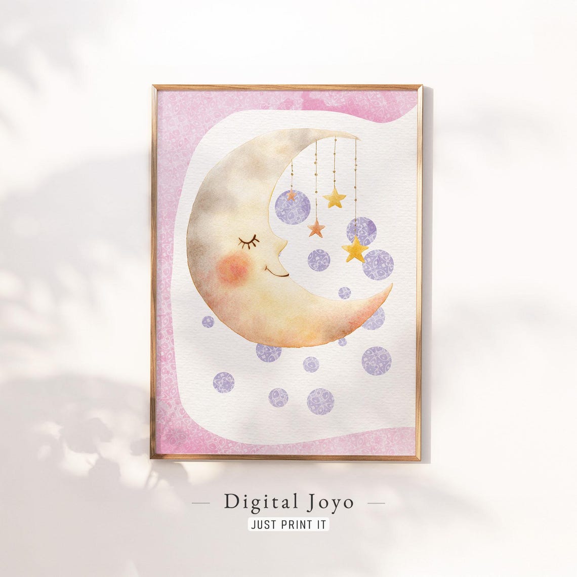 Dreamy Crescent Moon And Stars Soft Pink Watercolor Nursery Poster