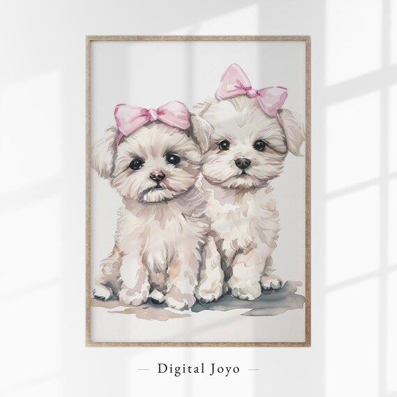 Cute Dogs With Pink Bows Wall Art Nursery Artwork Little Girl Room Decor Bow