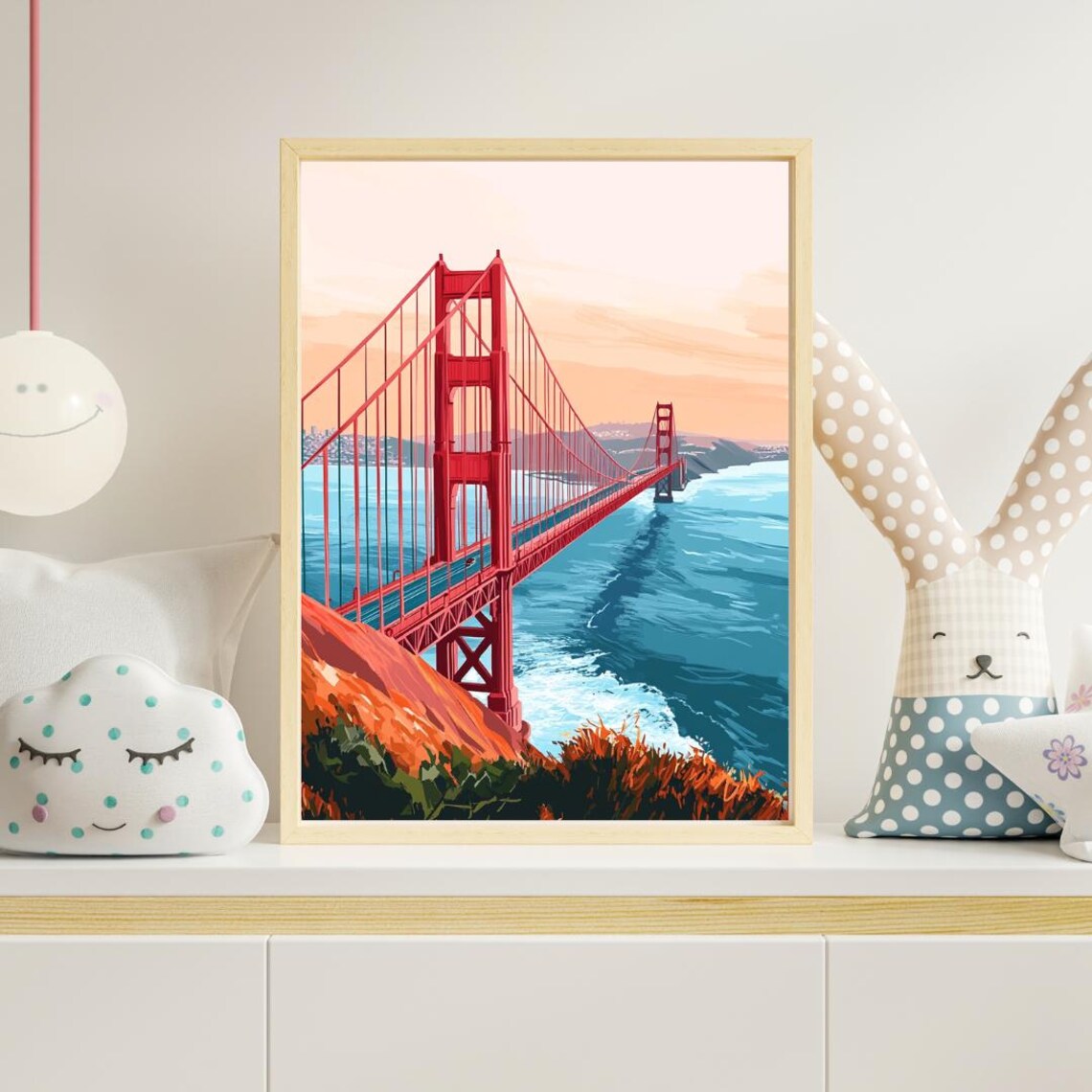 San Francisco Golden Gate Bridge Sunset Watercolor Style Travel Poster