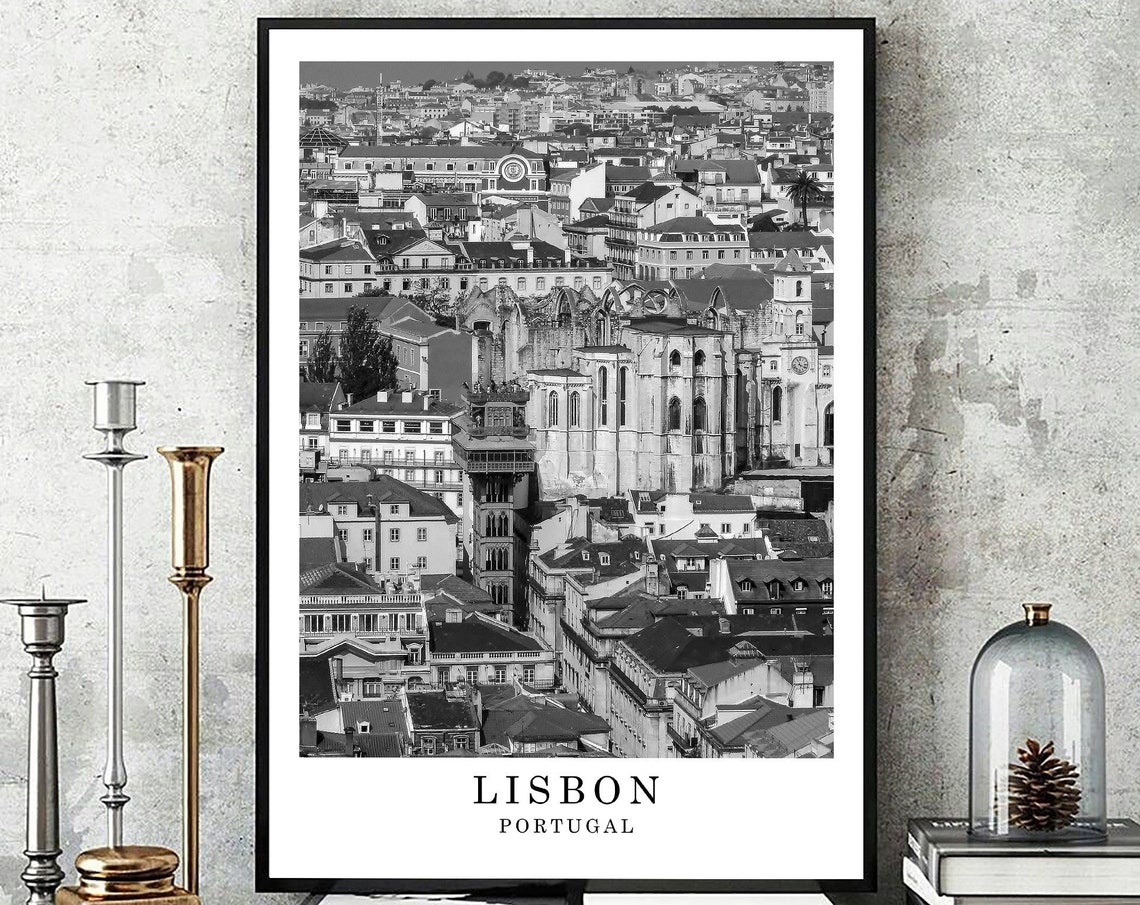Lisbon Old Town Santa Justa Lift Black And White Travel Poster