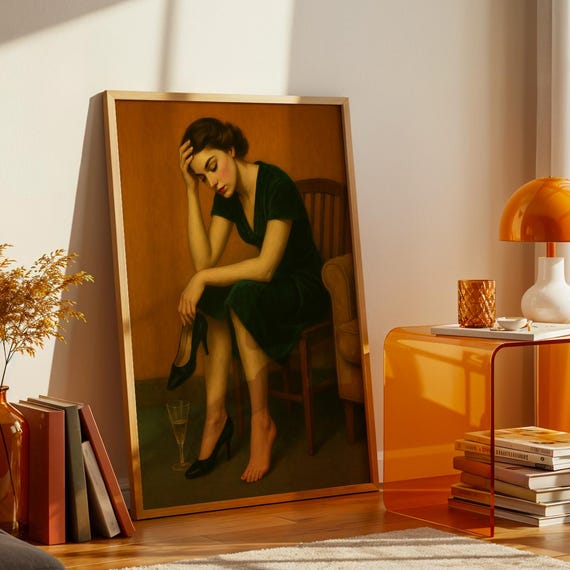 Midcentury Woman Art Print After The Party Vintage Oil Painting Style
