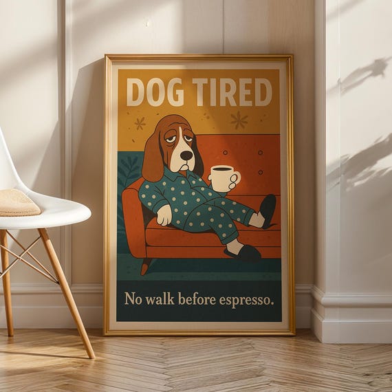 Funny Basset Hound Coffee Poster Retro Midcentury Dog Art