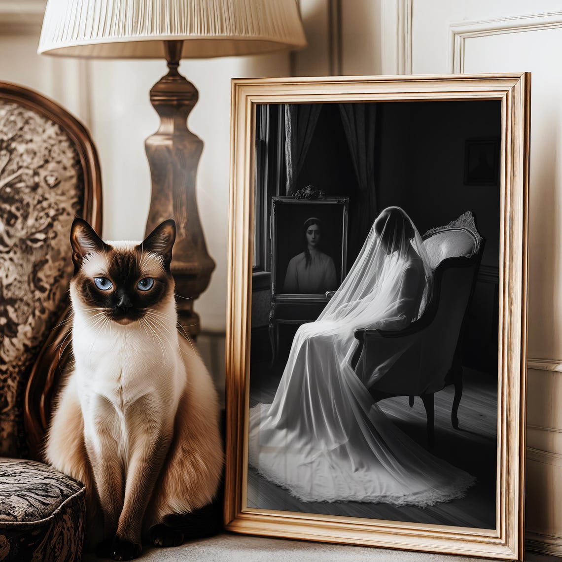 Ghostly Bride In Veil Seated In Gothic Victorian Room Poster - Image 3