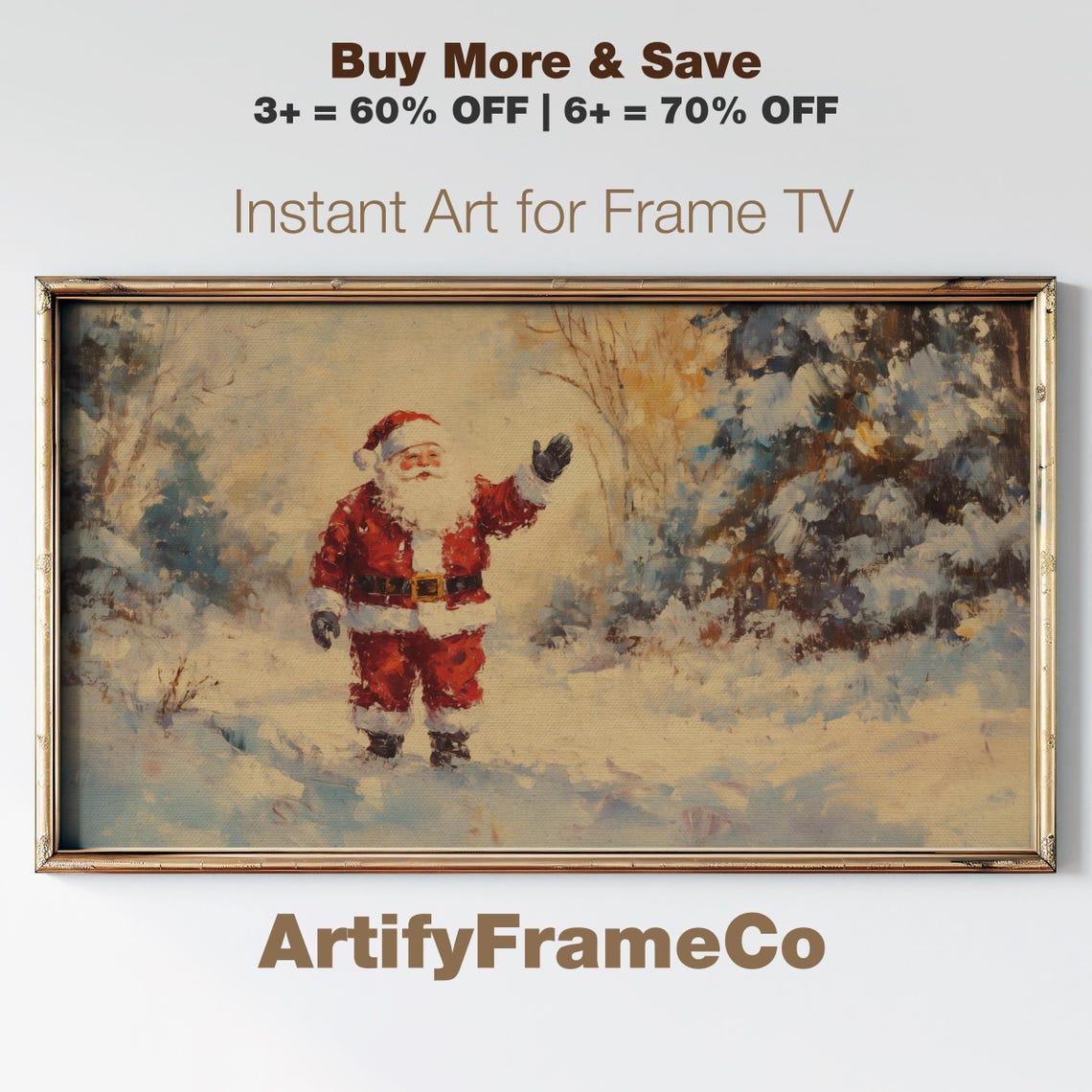 Santa Waving in Snowy Forest Rustic Vintage Christmas Scene Poster