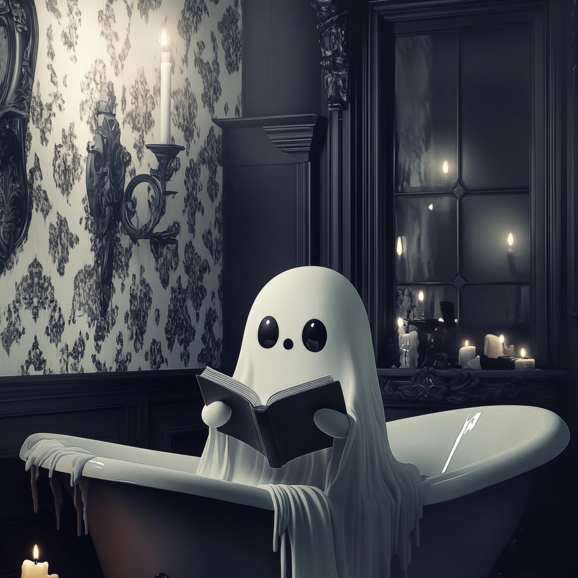 Cute Ghost Reading In Gothic Bathroom Art Spooky Halloween Decor Dark Academia Print Vintage Ghost Painting - Image 4