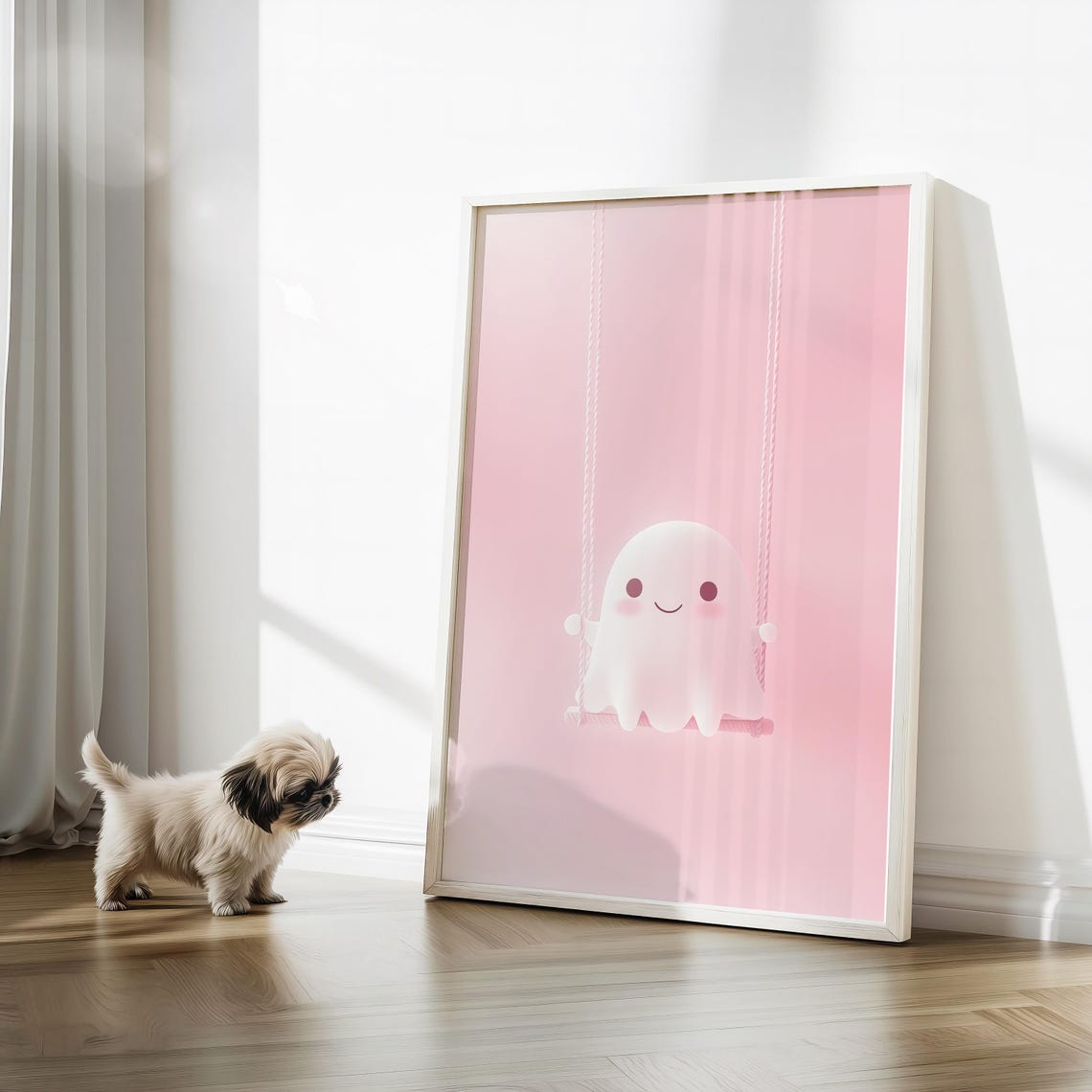 Cute Ghost Sitting On A Swing In Pastel Pink Minimalist Poster - Image 3