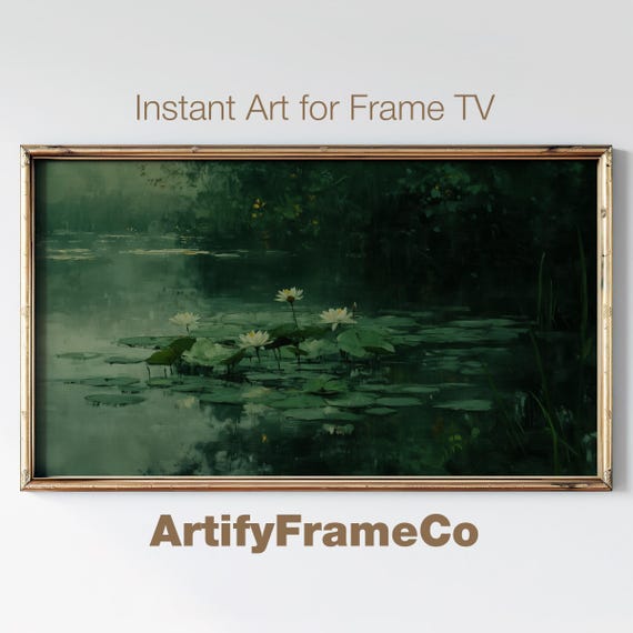 Frame Tv Art Vintage Water Lilies Pond Painting Rustic Dark Green Oil Painting Neutral Botanical Decor Spring Screensaver Tv54