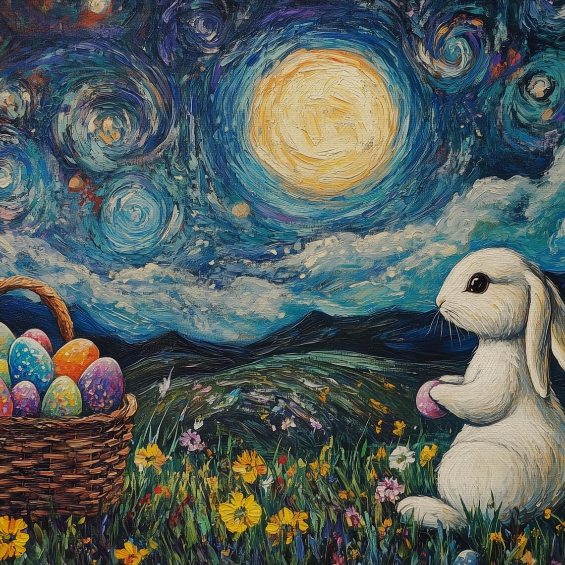 Easter Bunny With Egg Basket Under Starry Swirling Night Sky Wildflower Print - Image 4