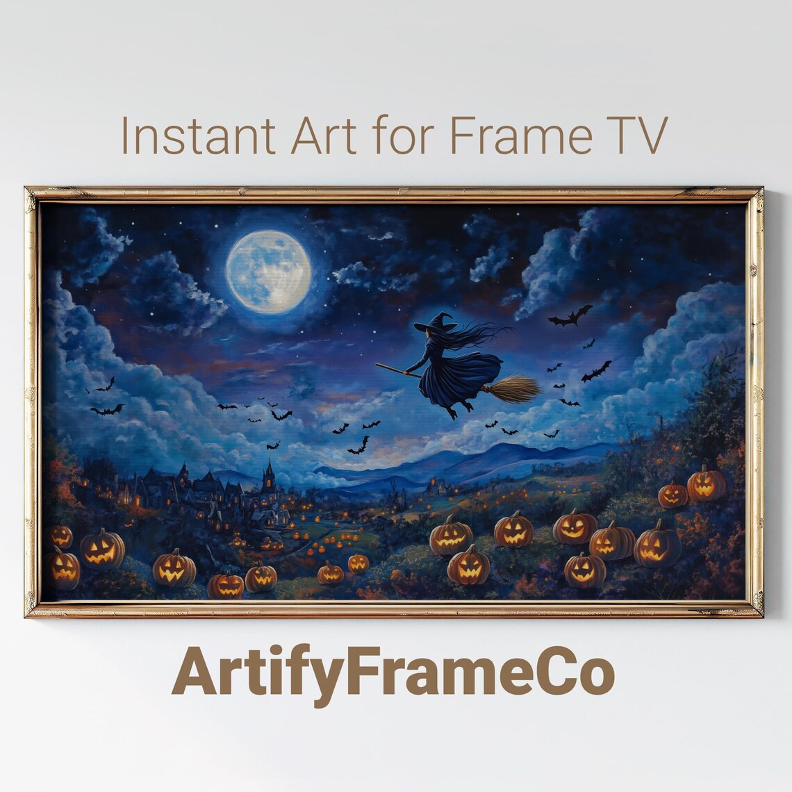 Witch Flying Under Full Moon Over a Field of Jack O Lanterns Halloween Wall Art