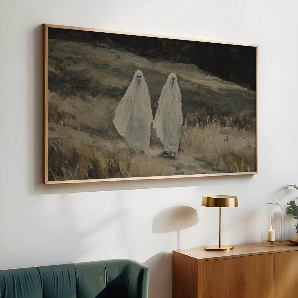 Two Ghosts Walking a Foggy Path Misty Grey Vintage Halloween Wall Art - Image 4