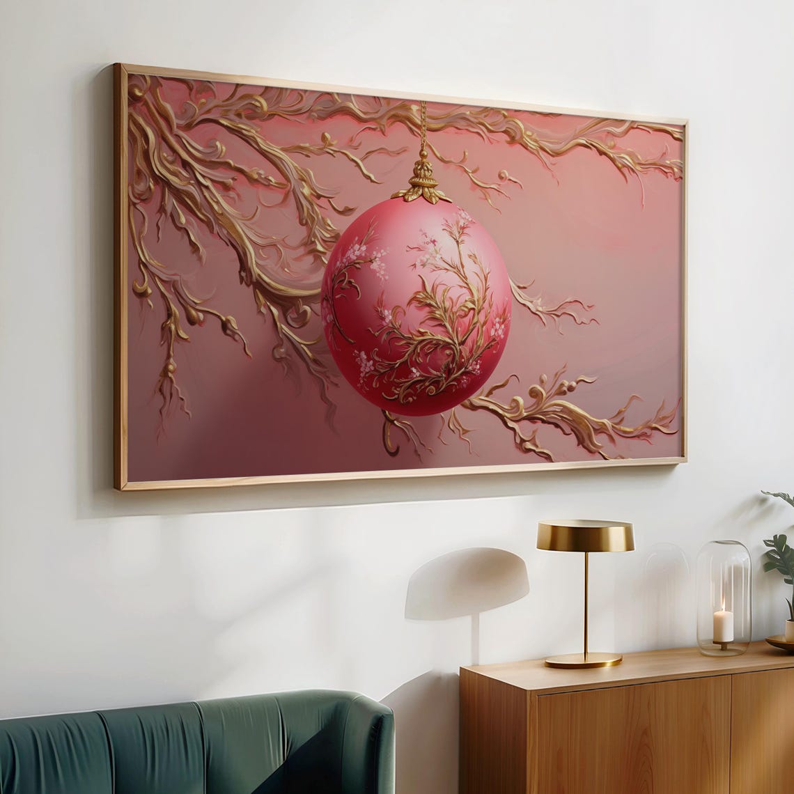 Pink Christmas Bauble With Gold Branches Textured 3D Art Frame Poster - Image 3