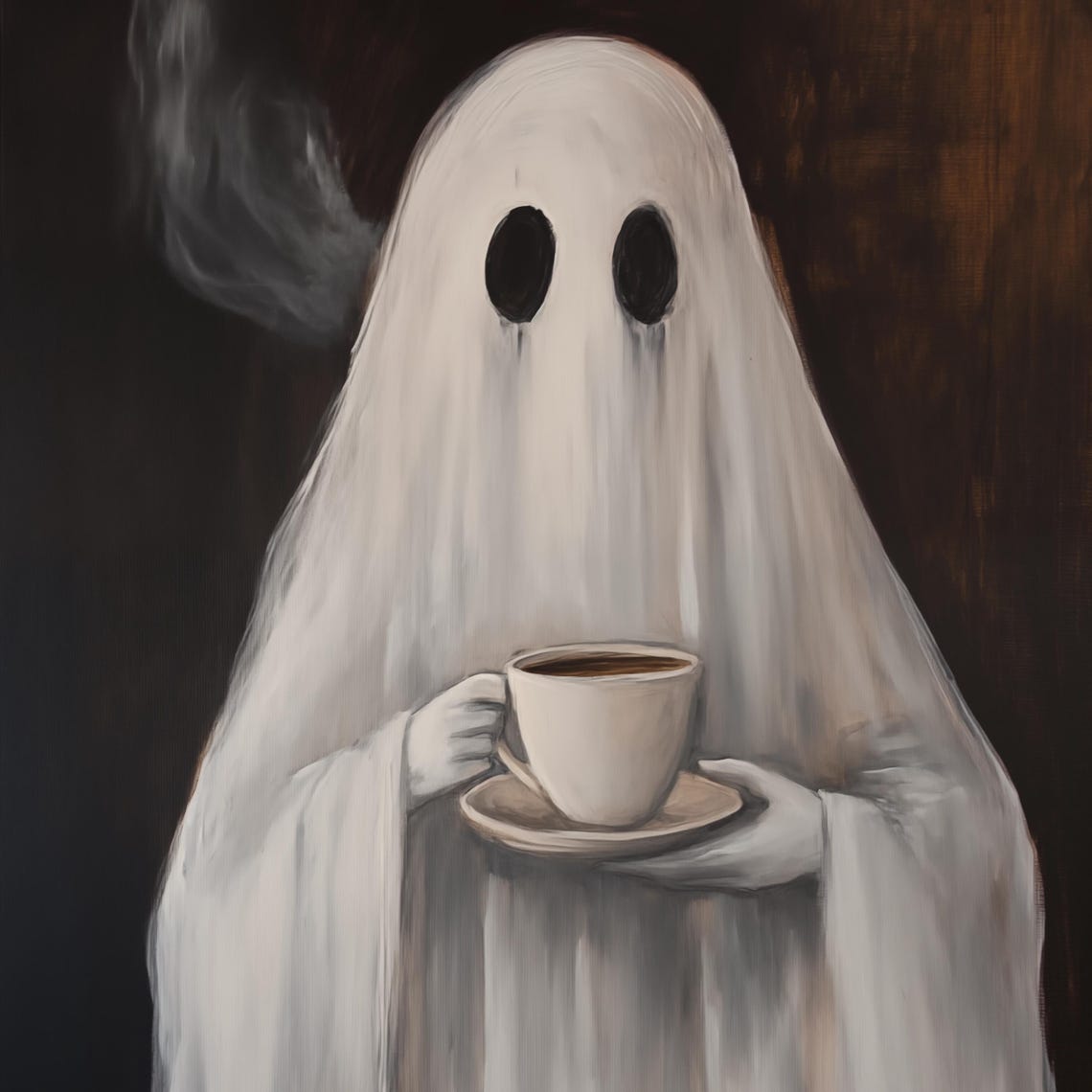 Whimsical Ghost With Coffee Wall Art Cute Halloween Decor Vintage Ghost Painting Spooky Art Print Coffee Art - Image 4