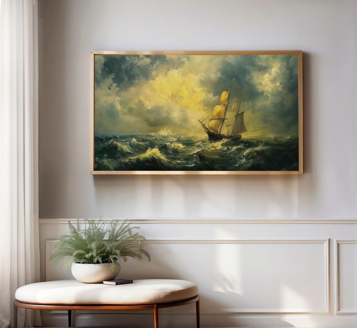 Tall Sailing Ship Stormy Dark Sea Golden Sky Vintage Nautical Poster - Image 3