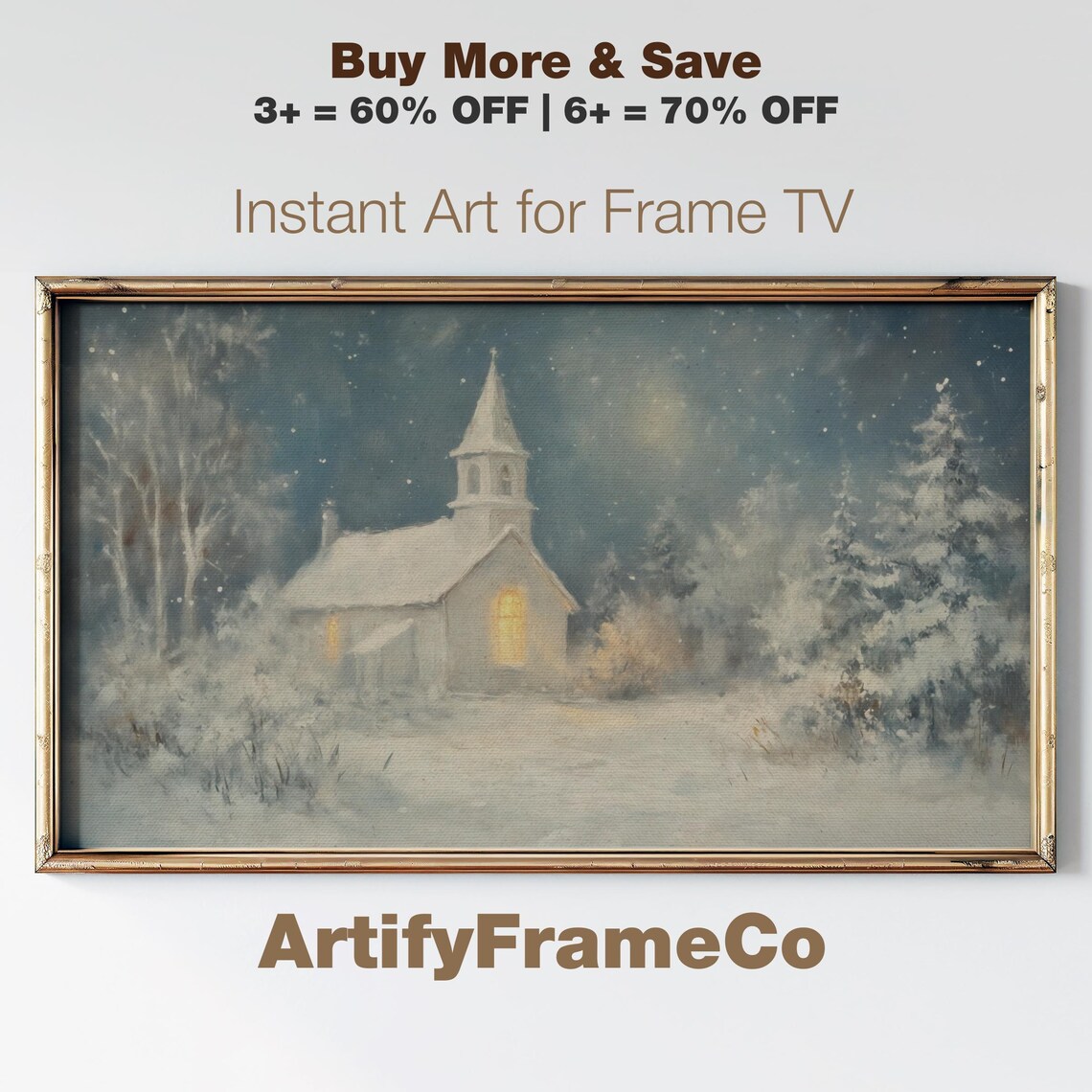 Snowy Church on Christmas Eve Glowing Windows Peaceful Winter Poster