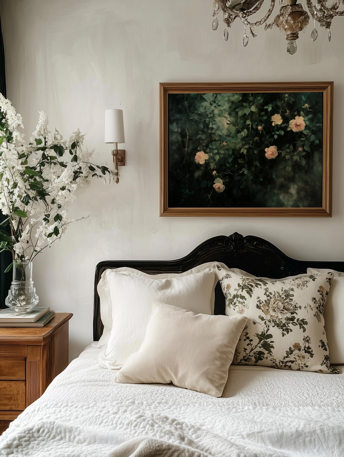 Moody Wild Roses And Ivy Dark Green Vintage Botanical Oil Painting Art Print - Image 2