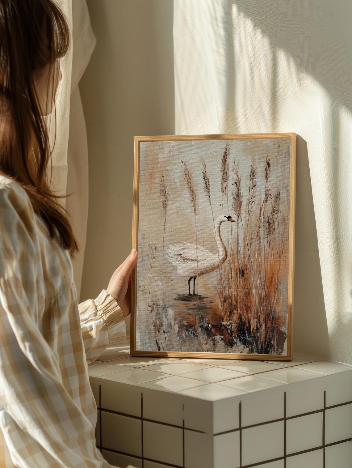 White Swan Standing Marsh Reeds Soft Neutral Oil Painting Poster - Image 2